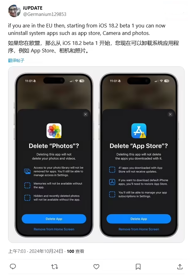 高碑店苹果手机维修分享iOS 18.2 支持删除 App Store 应用商店 